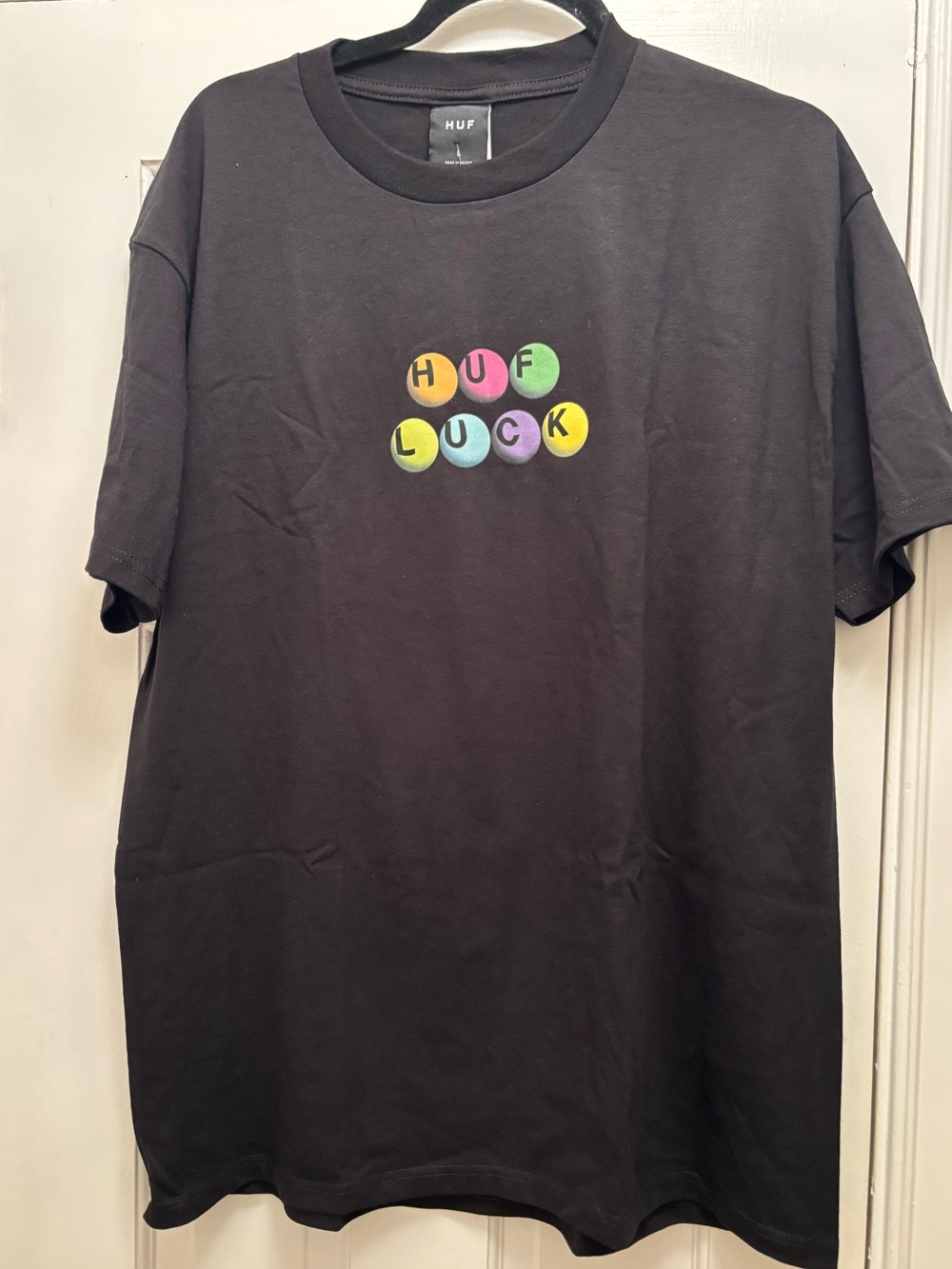 HUF Black Tee with Multicolor 'HUF LUCK' Bubble Graphic 100% Cotton
Size Large